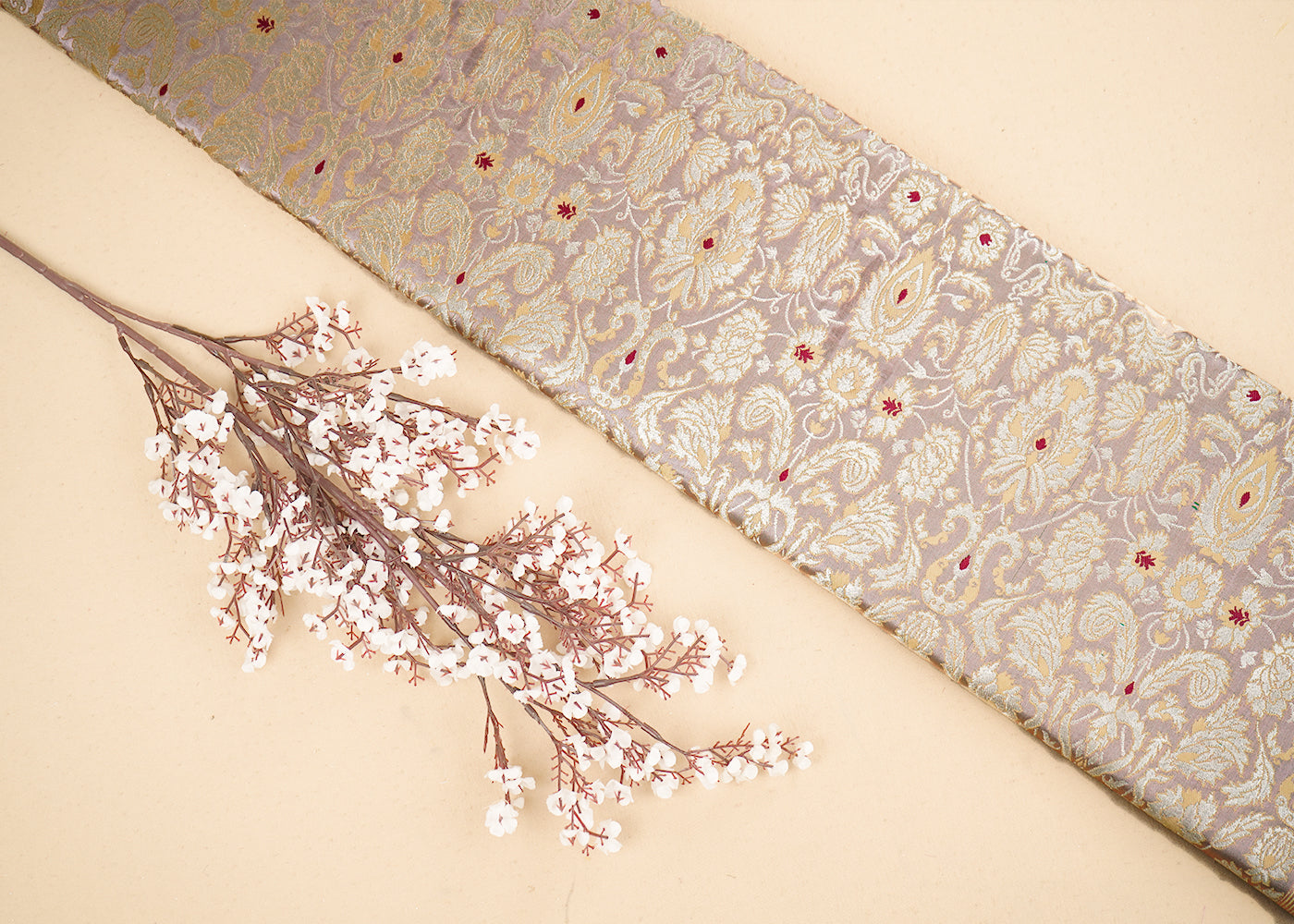 Blush Pink Banarasi Brocade Fabric With All Over Thread And Golden Zari Handloom 19409