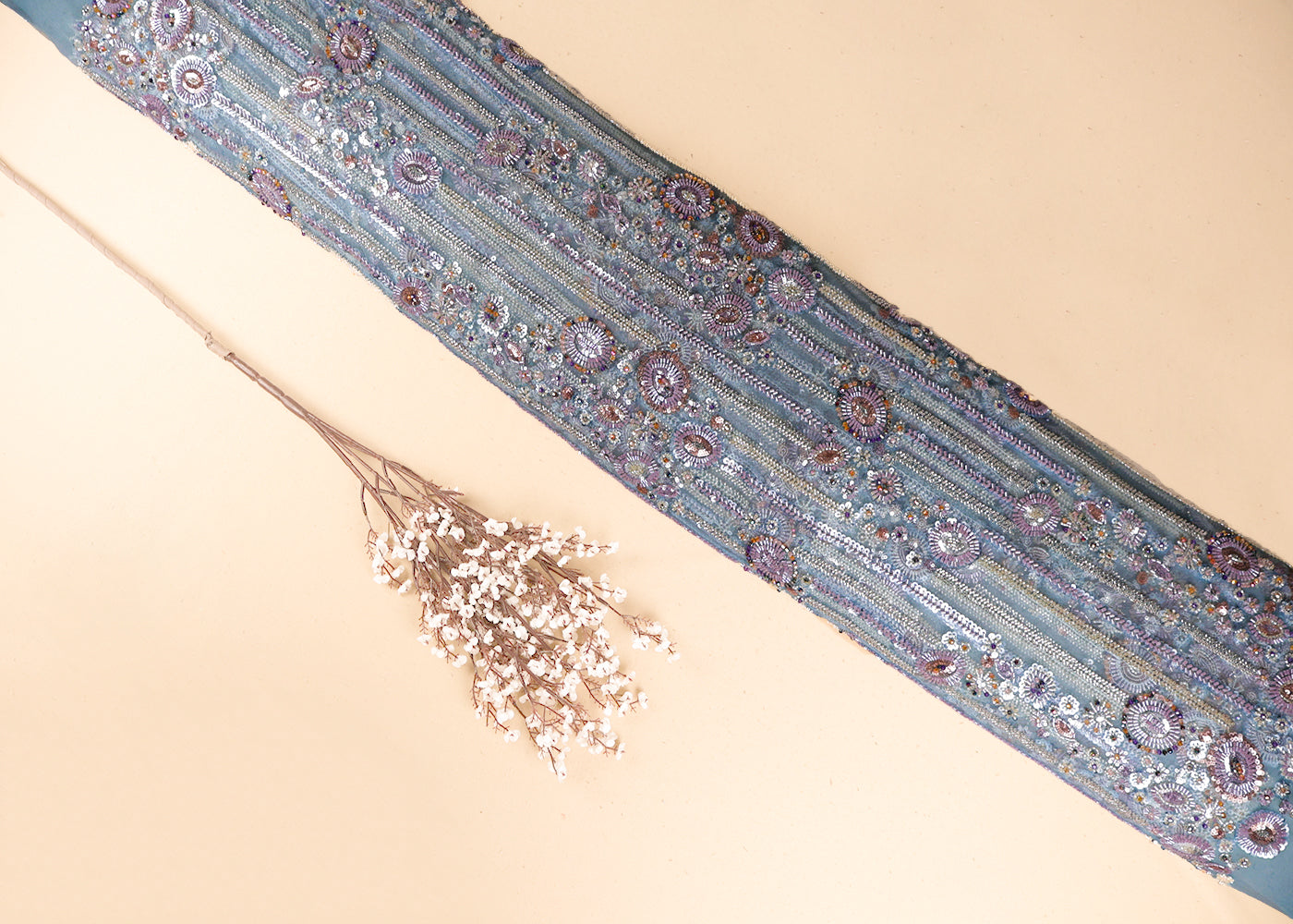 Powder Blue Imported Net Fabric With All Over Bead And Sequins Work 19412