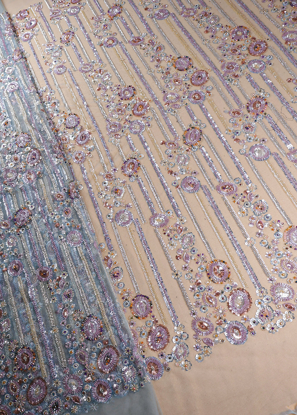 Powder Blue Imported Net Fabric With All Over Bead And Sequins Work 19412