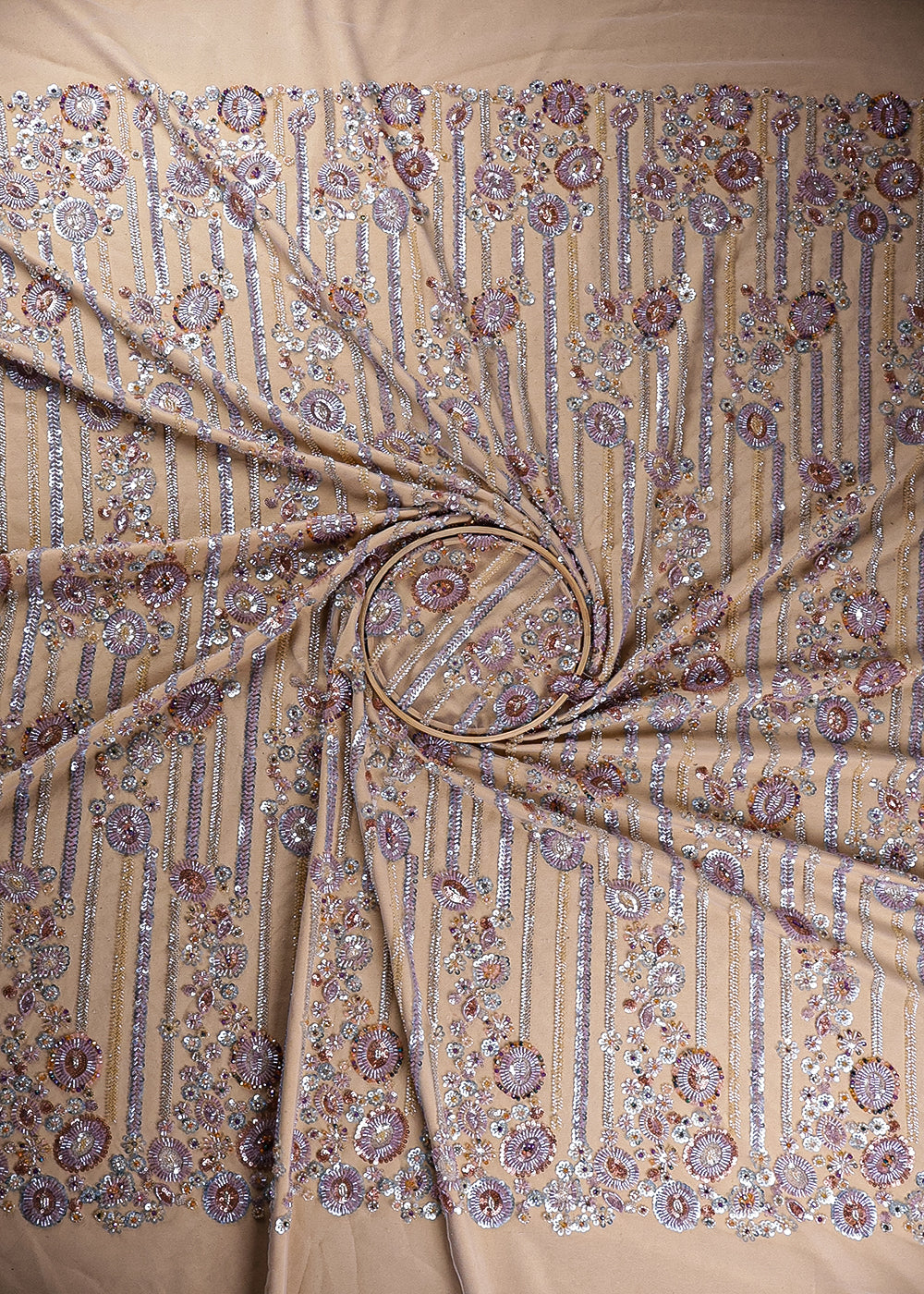 Beige Imported Net Fabric With All Over Bead And Sequins Work 19413