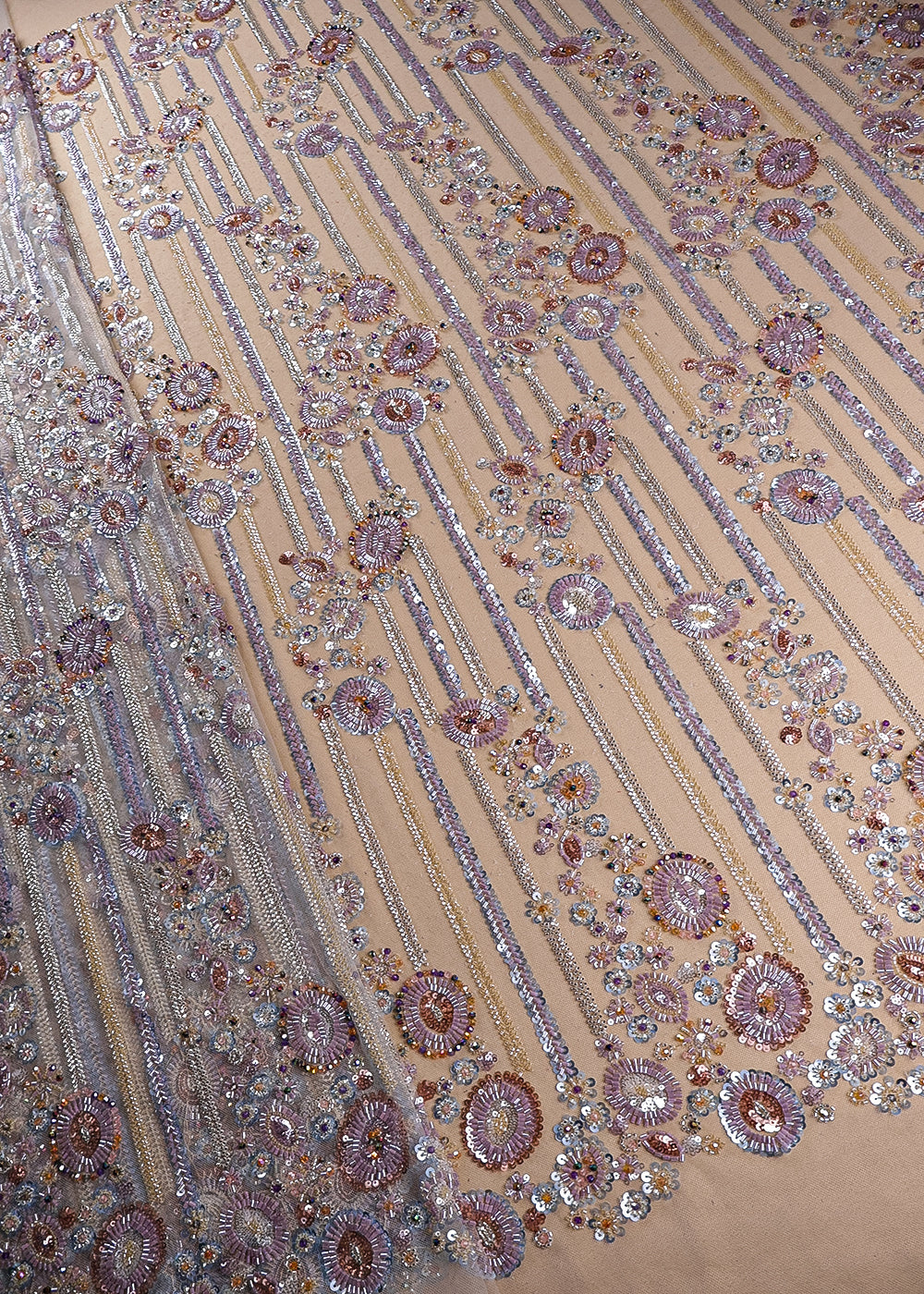 Beige Imported Net Fabric With All Over Bead And Sequins Work 19413