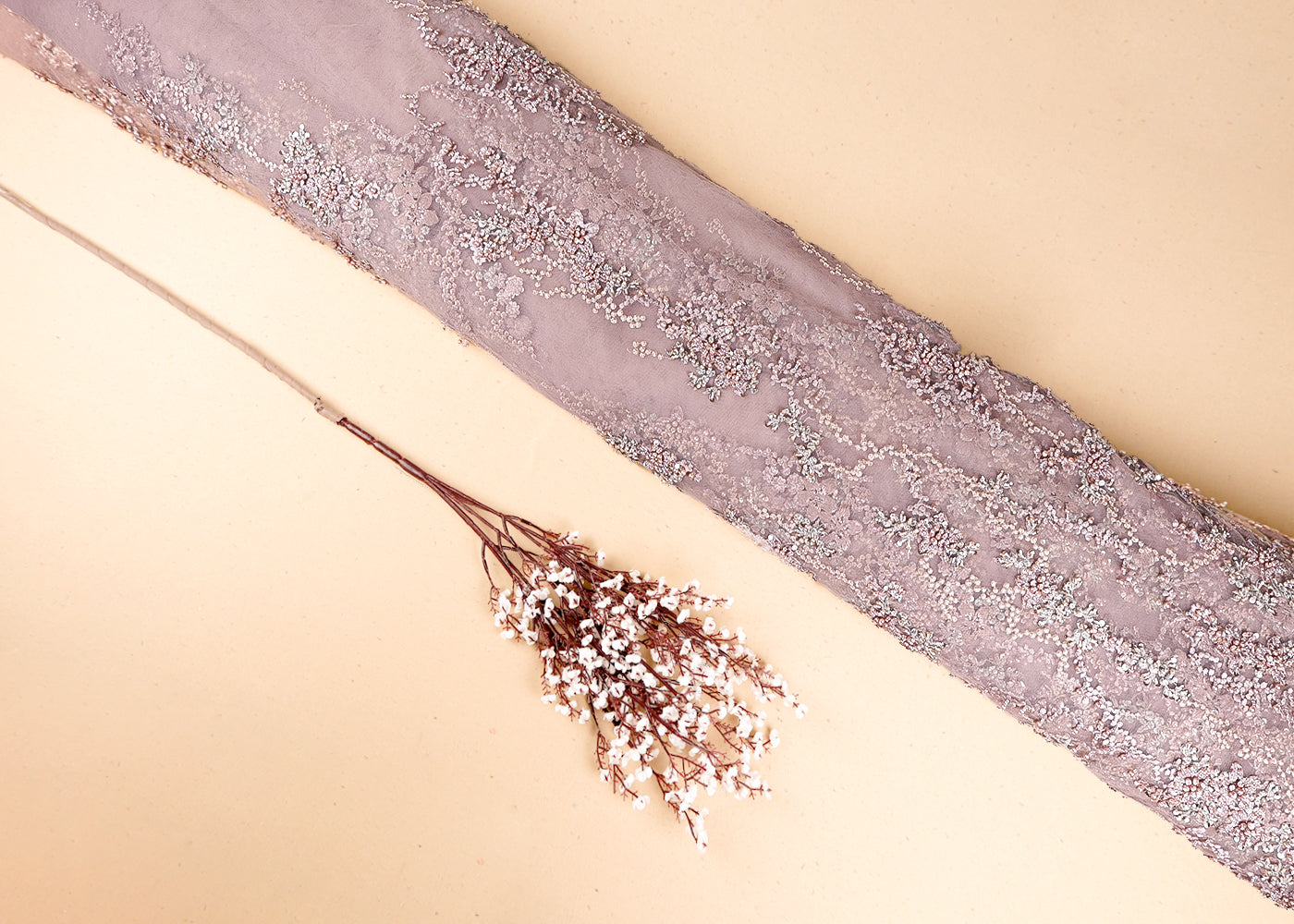 Old Rose Imported Net Fabric With All Over Thread, Bead And Sequins Work 19415