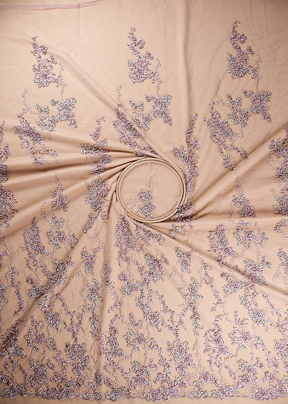Old Rose Imported Net Fabric With All Over Thread, Bead And Sequins Work 19415