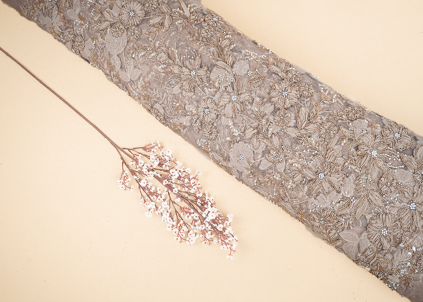 Gold Imported Net Fabric With All Over Katdana, Bead, Sequins And Ribbon Work 19417