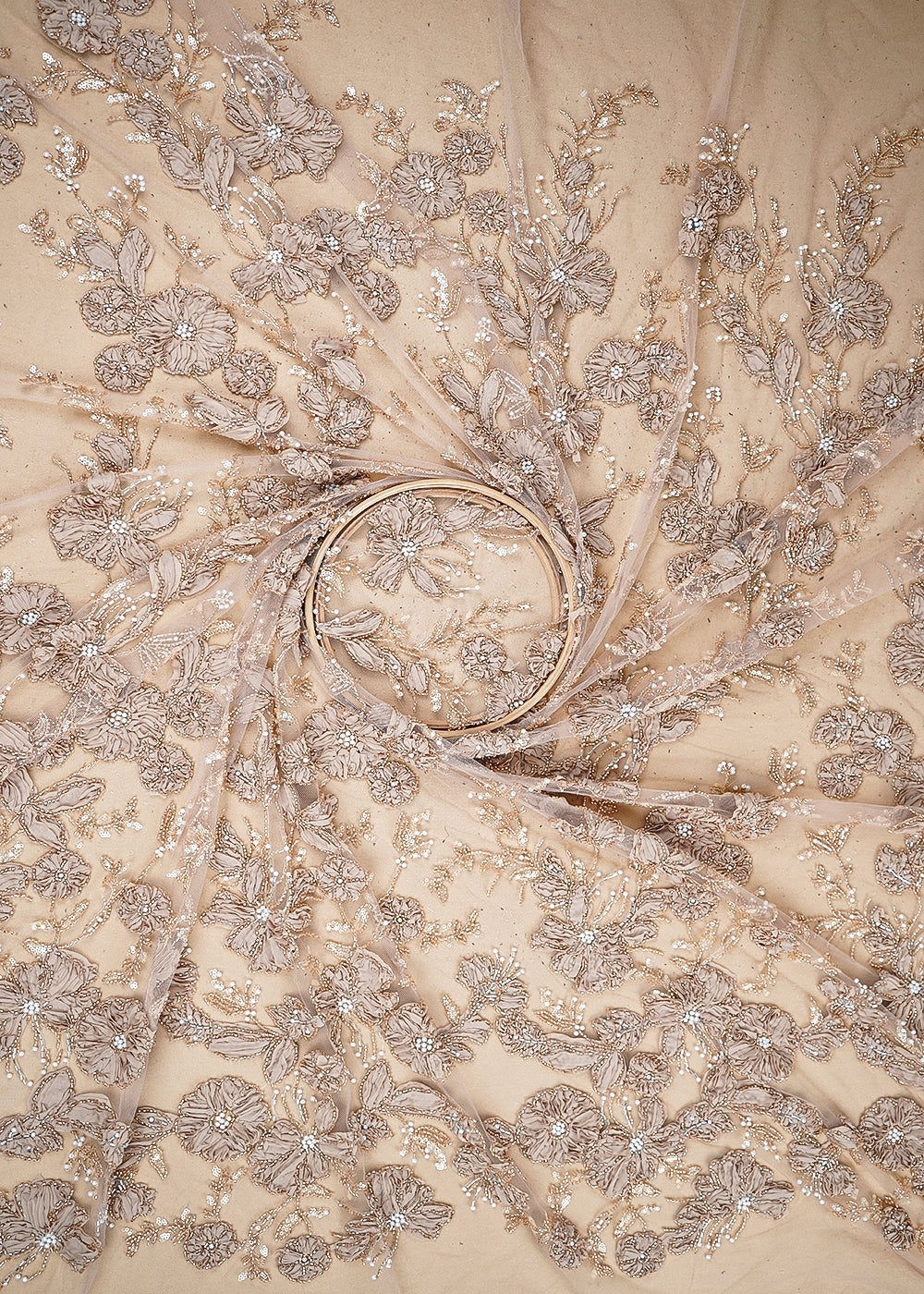 Gold Imported Net Fabric With All Over Katdana, Bead, Sequins And Ribbon Work 19417