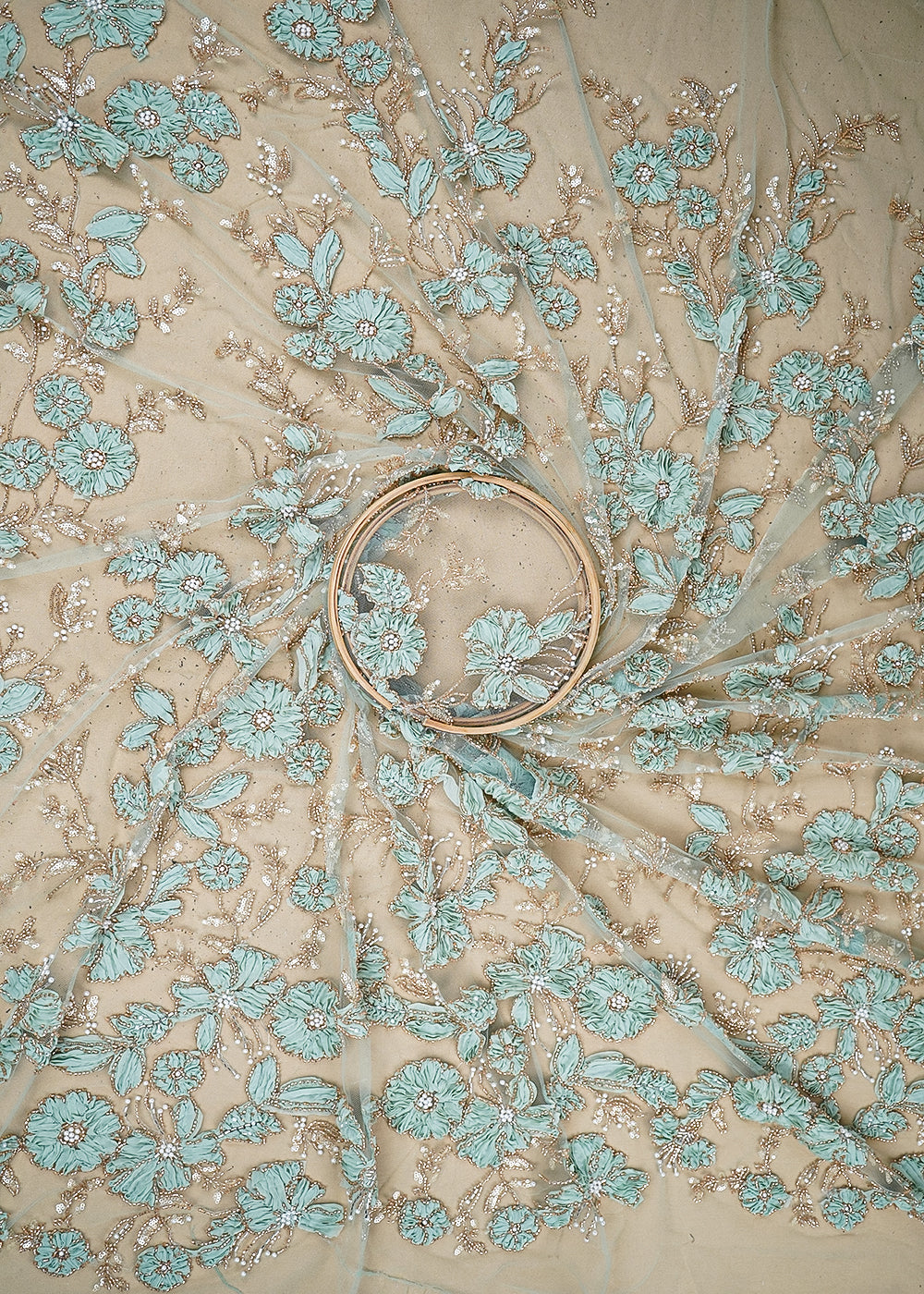 Light Blue Imported Net Fabric With All Over Katdana, Bead, Sequins And Ribbon Work 19418