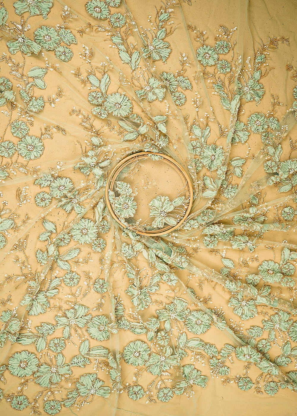Pista Green Imported Net Fabric With All Over Katdana, Bead, Sequins And Ribbon Work 19418