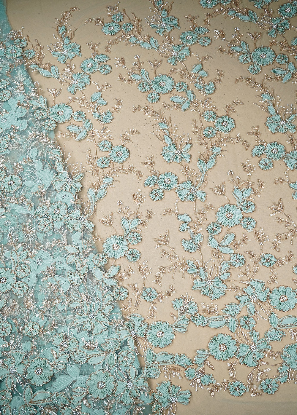 Light Blue Imported Net Fabric With All Over Katdana, Bead, Sequins And Ribbon Work 19418
