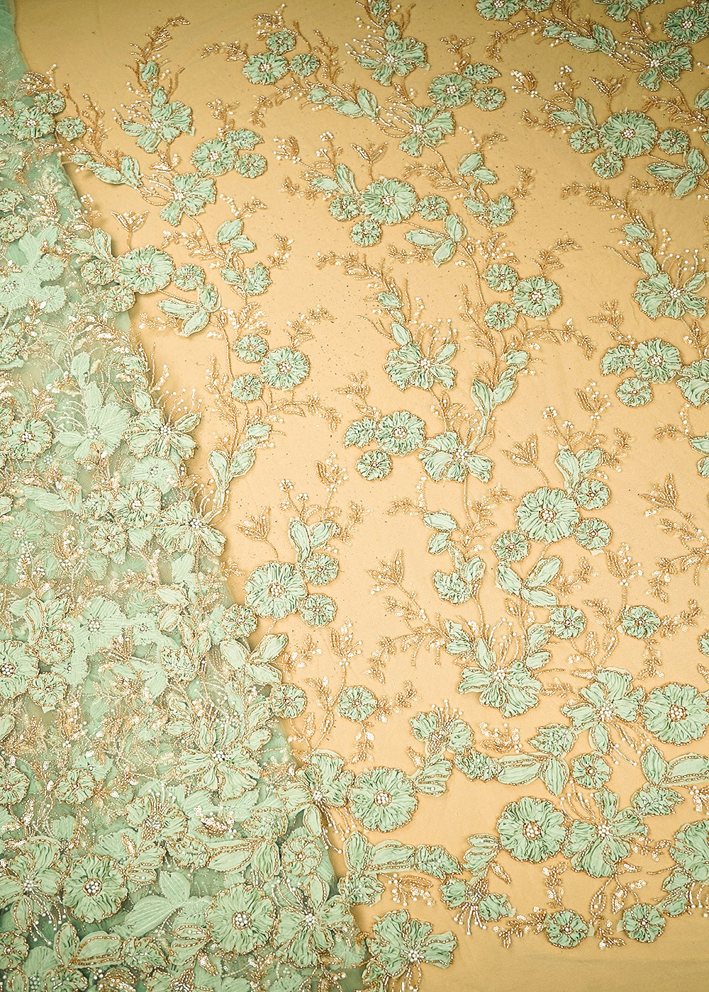 Pista Green Imported Net Fabric With All Over Katdana, Bead, Sequins And Ribbon Work 19418