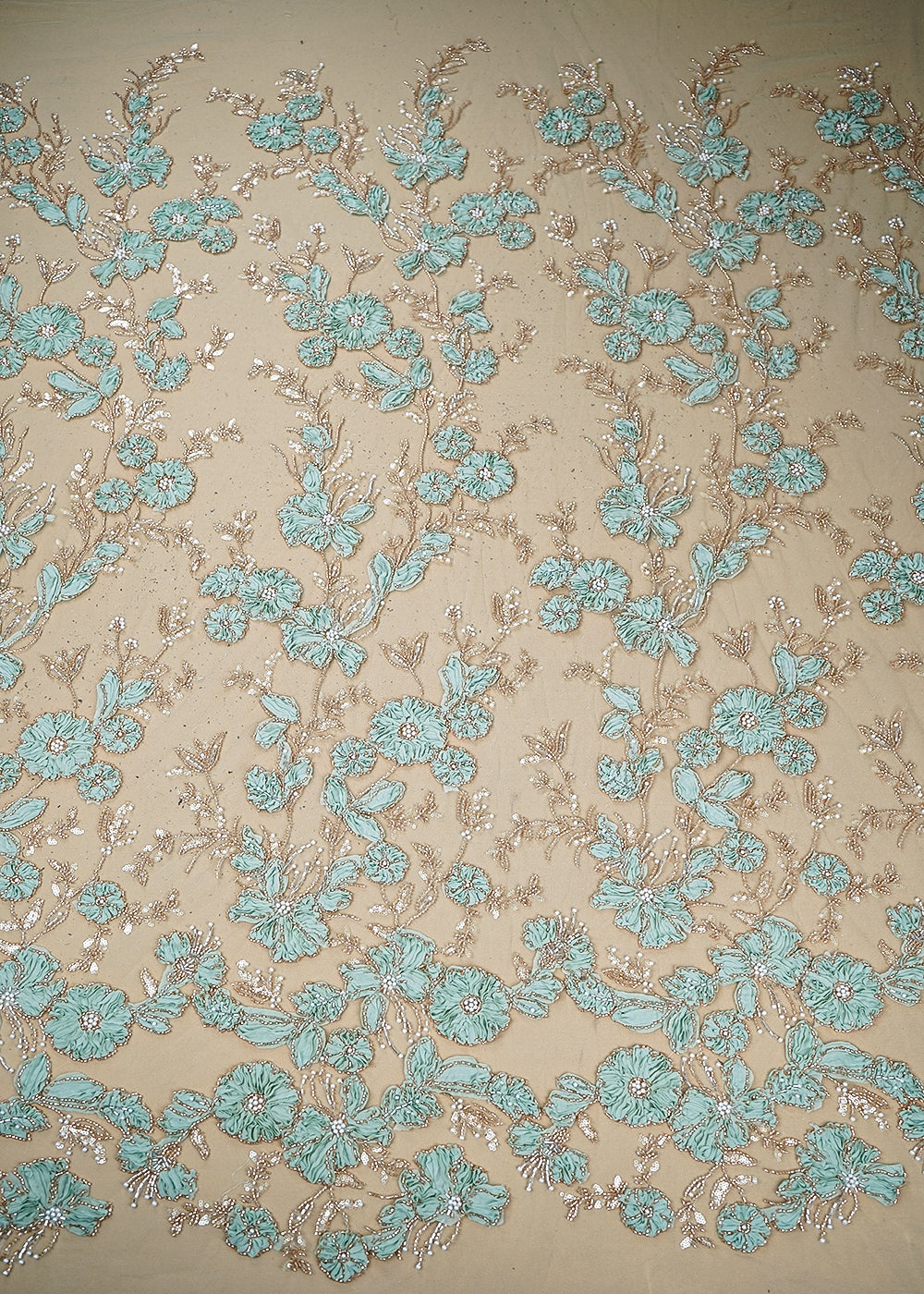 Light Blue Imported Net Fabric With All Over Katdana, Bead, Sequins And Ribbon Work 19418