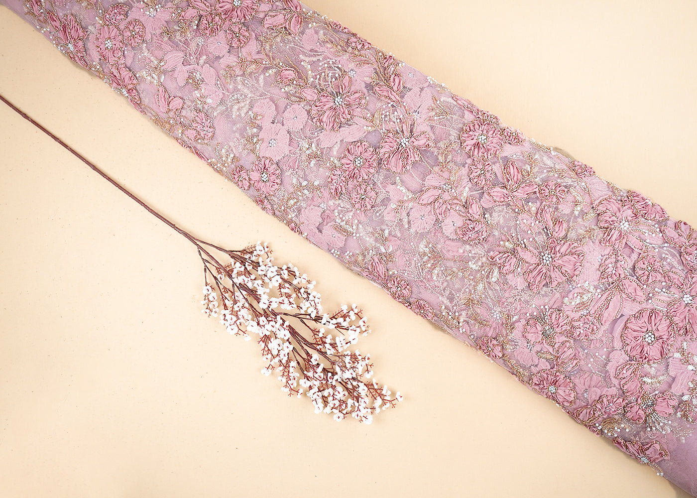 Light Pink Imported Net Fabric With All Over Katdana, Bead, Sequins And Ribbon Work 19419