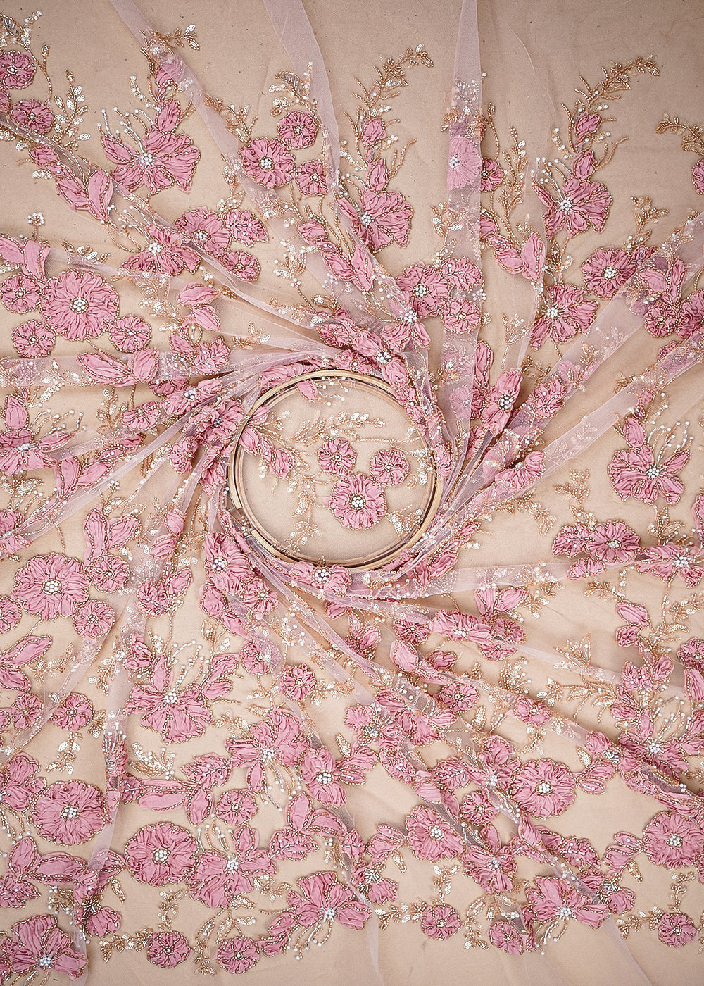 Light Pink Imported Net Fabric With All Over Katdana, Bead, Sequins And Ribbon Work 19419