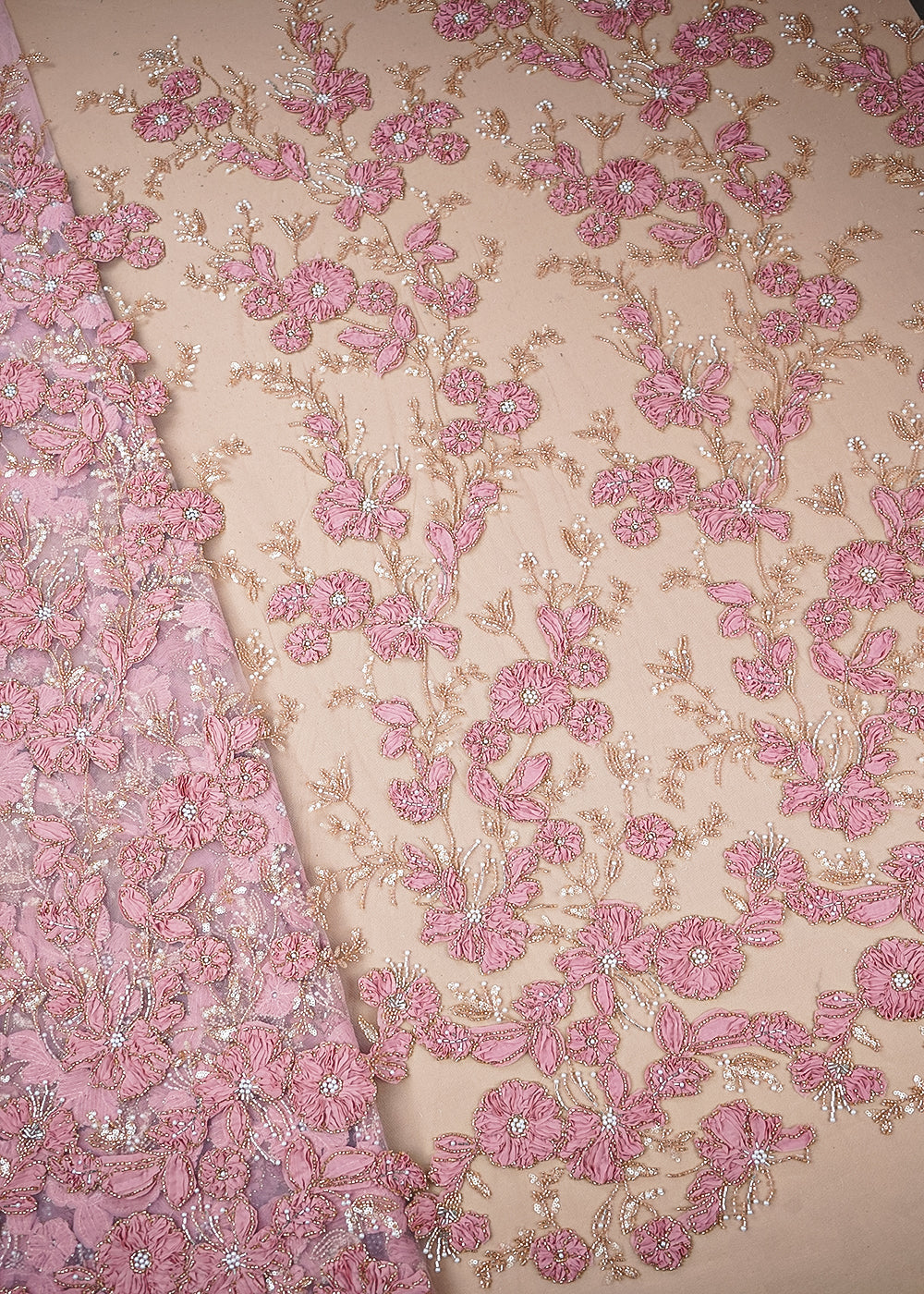 Light Pink Imported Net Fabric With All Over Katdana, Bead, Sequins And Ribbon Work 19419