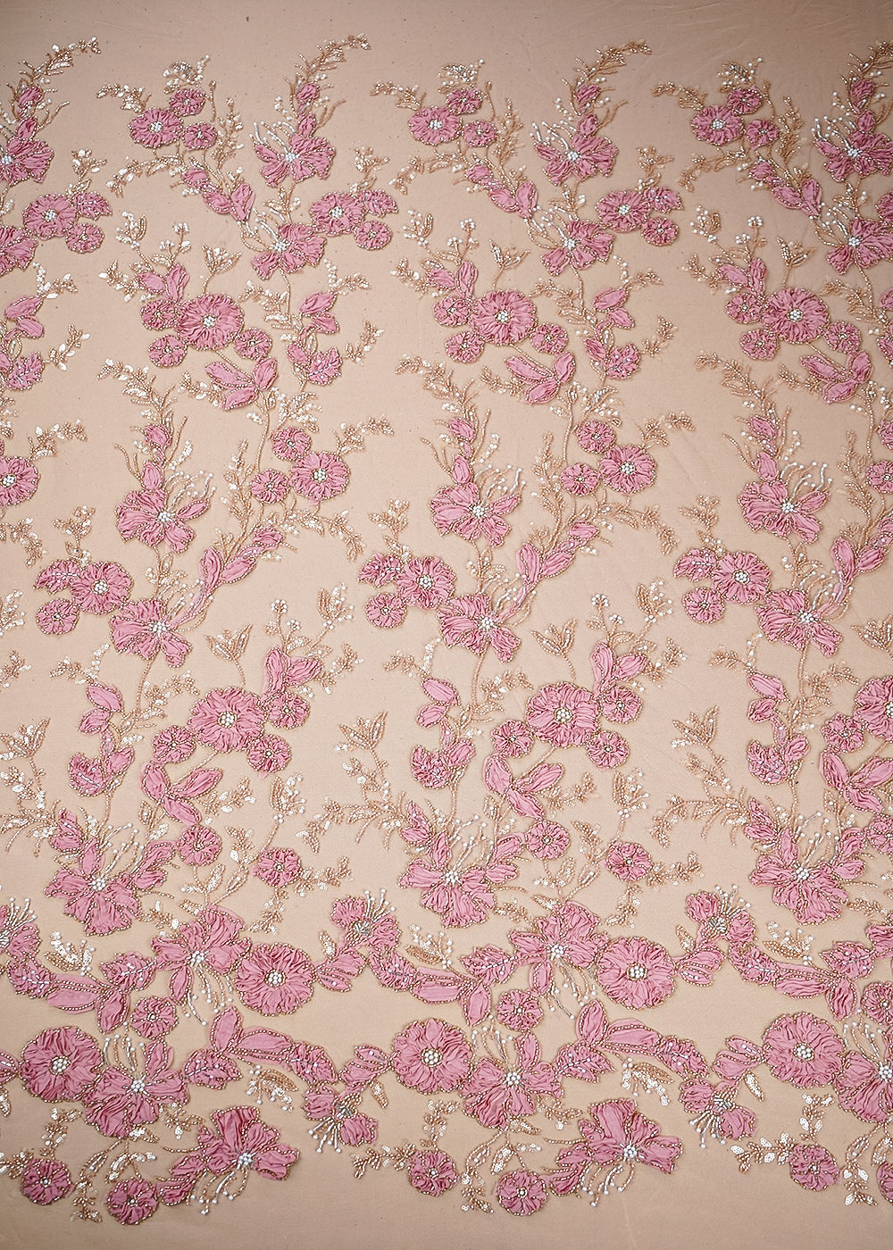Light Pink Imported Net Fabric With All Over Katdana, Bead, Sequins And Ribbon Work 19419