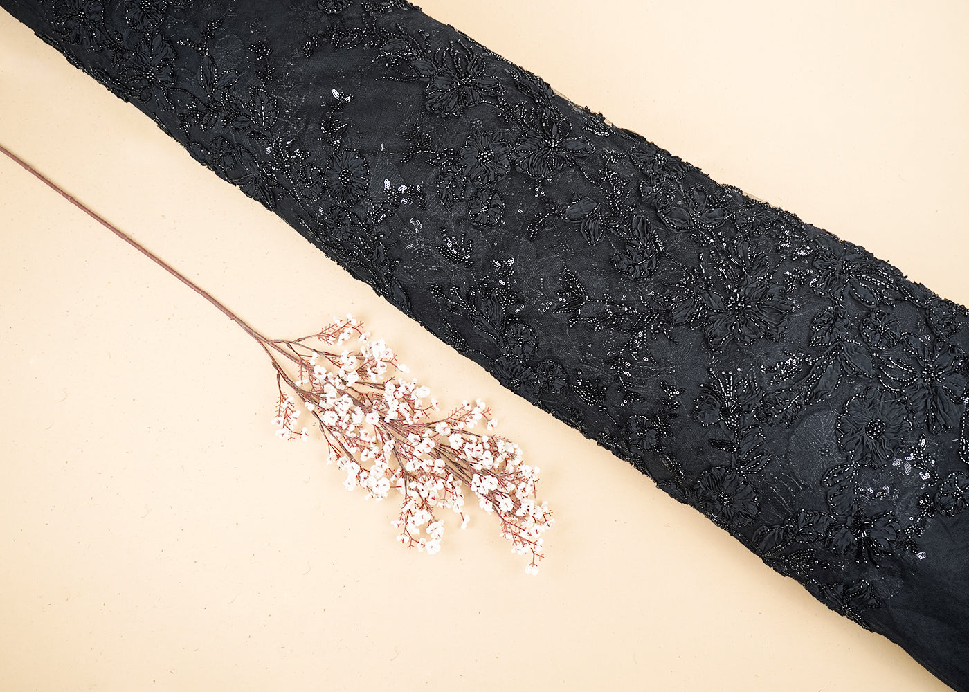 Black Imported Net Fabric With All Over Katdana, Bead, Sequins And Ribbon Work 19420