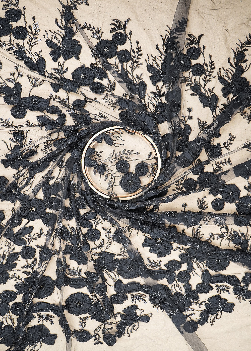 Black Imported Net Fabric With All Over Katdana, Bead, Sequins And Ribbon Work 19420