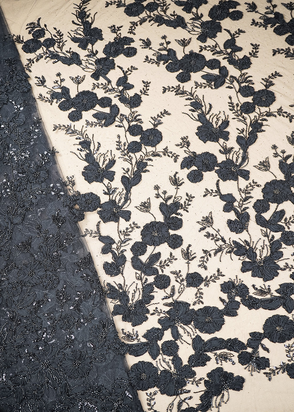 Black Imported Net Fabric With All Over Katdana, Bead, Sequins And Ribbon Work 19420