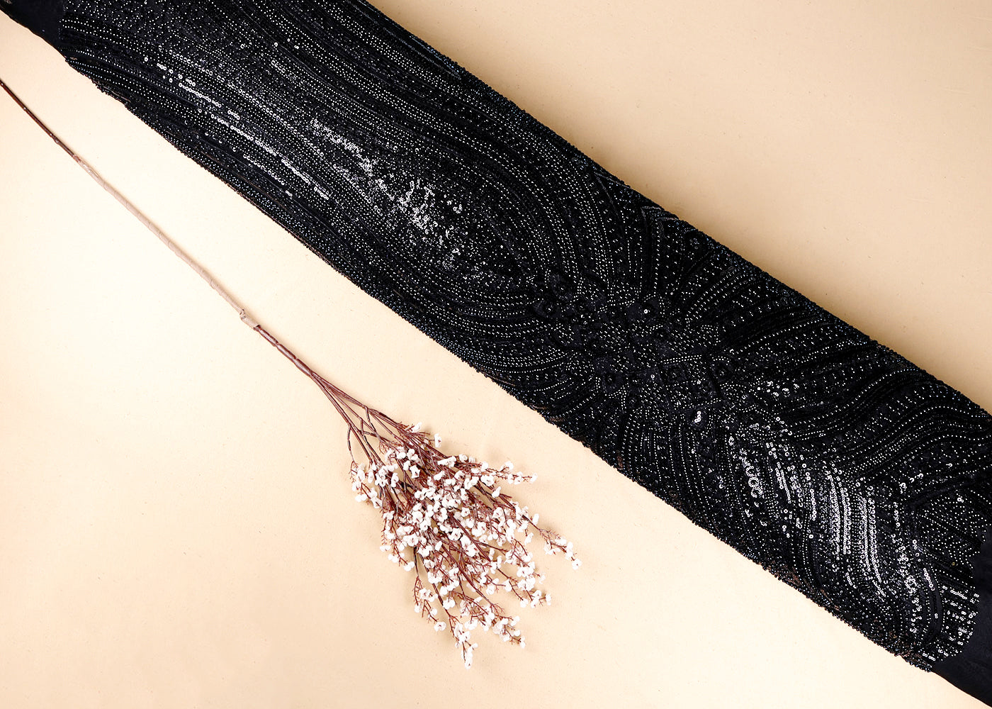 Black Imported Net Fabric With All Over Bead And Sequins Work 19422