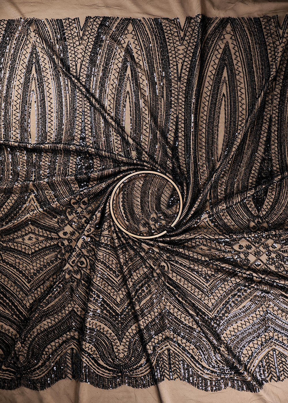 Black Imported Net Fabric With All Over Bead And Sequins Work 19422