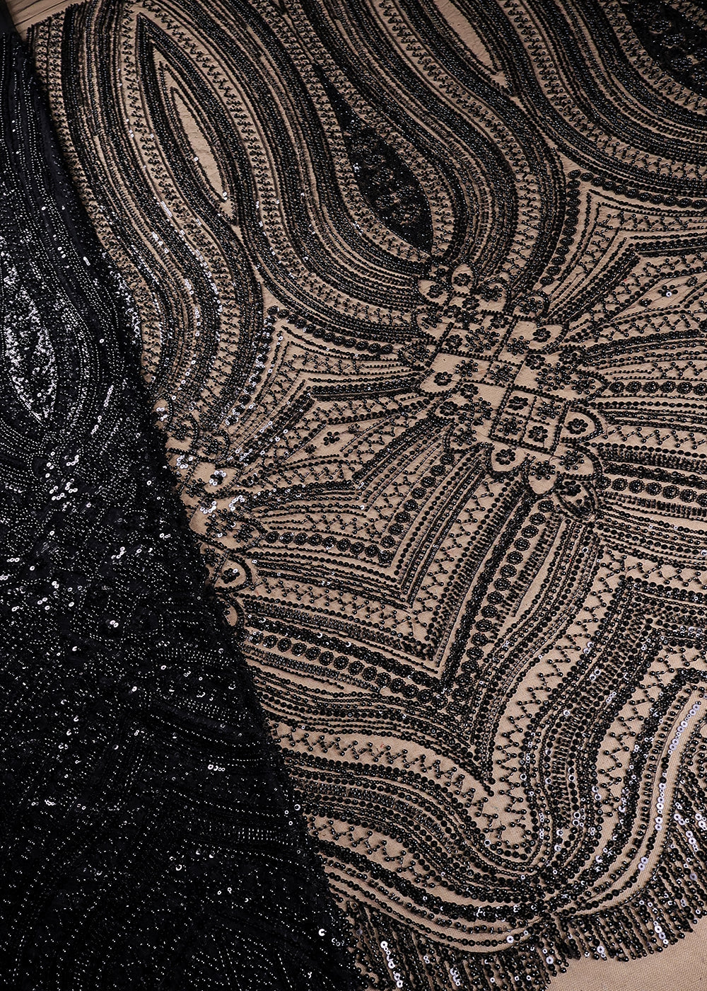 Black Imported Net Fabric With All Over Bead And Sequins Work 19422