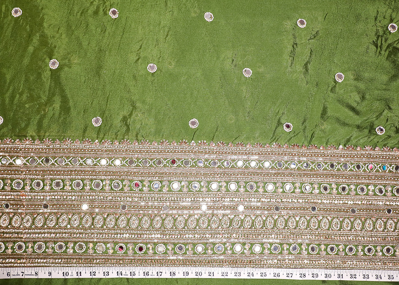 Mehendi Green Chinon Chiffon Fabric With All Over Mirror, Zari, Katdana And Bead Work With One Side Border 19431