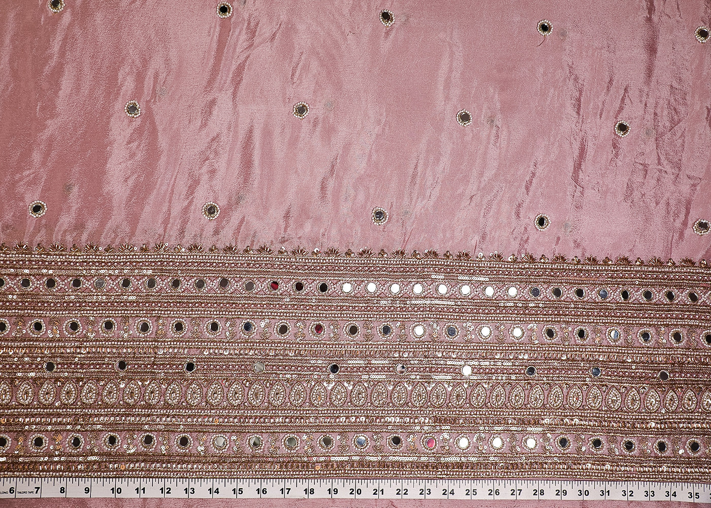 Light Pink Chinon Chiffon Fabric With All Over Mirror, Zari, Katdana And Bead Work With One Side Border 19432