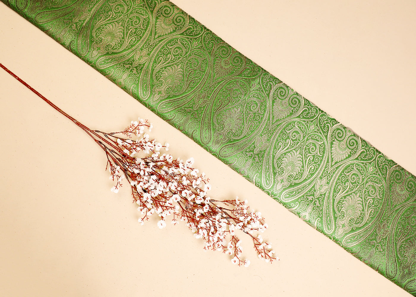 Light Green Banarasi Brocade Fabric With All Over Golden Zari Handloom 19457