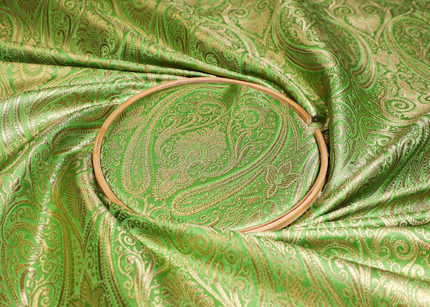 Light Green Banarasi Brocade Fabric With All Over Golden Zari Handloom 19457