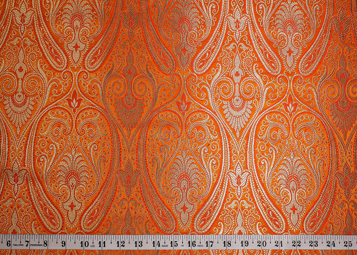 Orange Banarasi Brocade Fabric With All Over Golden Zari Handloom 19458