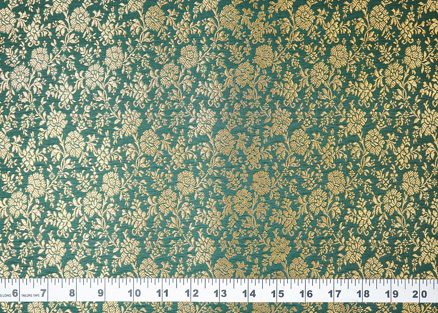 Green Banarasi Brocade Fabric With All Over Golden Zari Handloom 19463