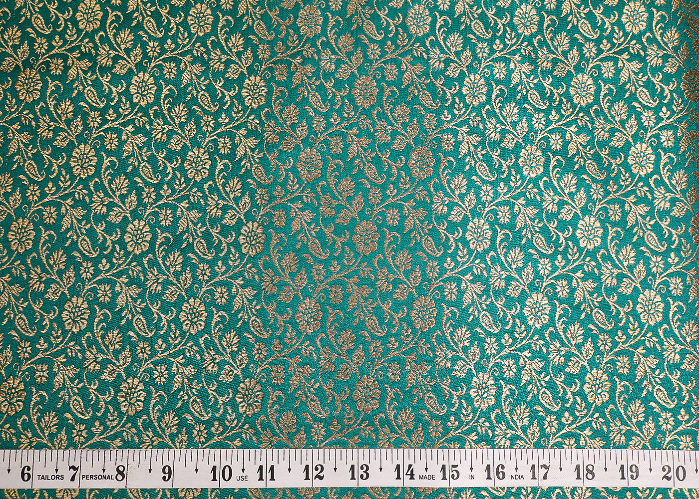 Green Banarasi Brocade Fabric With All Over Golden Zari Handloom 19470