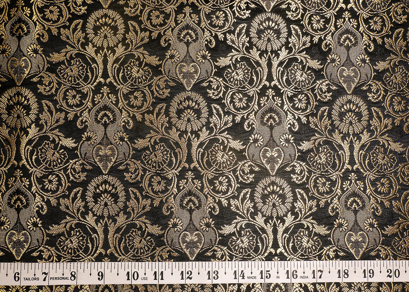 Black Banarasi Brocade Fabric With All Over Thread And Golden Zari Handloom 19475