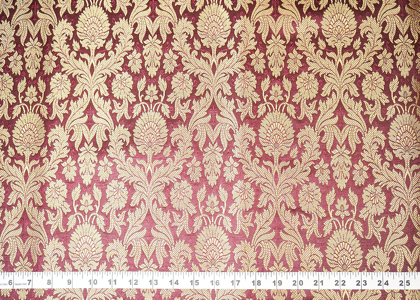 Wine Banarasi Brocade Fabric With All Over Golden Zari Handloom 19485