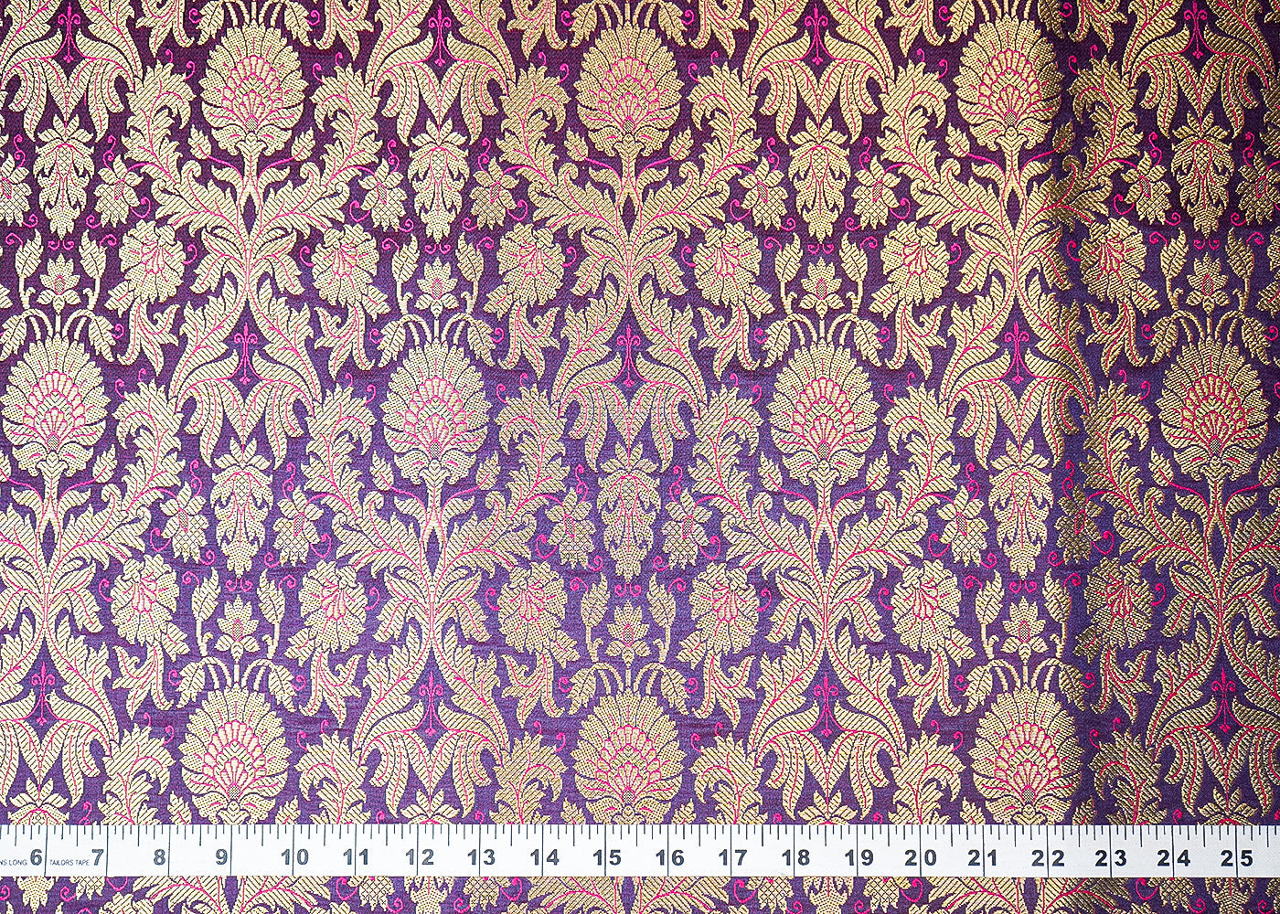 Purple Banarasi Brocade Fabric With All Over Golden Zari Handloom 19486