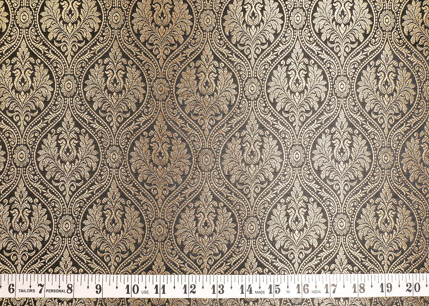 Black Banarasi Brocade Fabric With All Over Golden Zari Handloom 19489