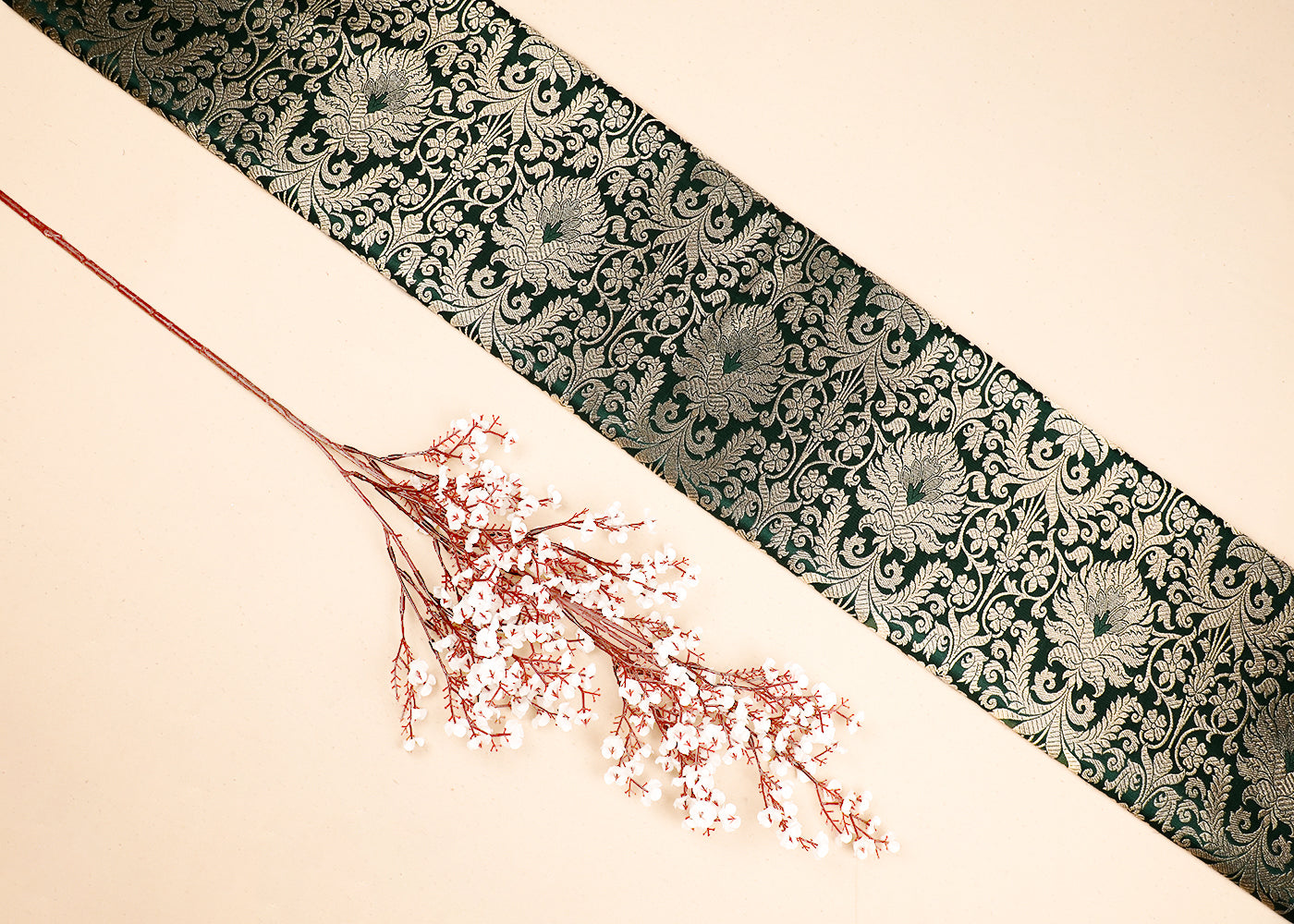 Bottle Green Banarasi Brocade Fabric With All Over Golden Zari Handloom 19494