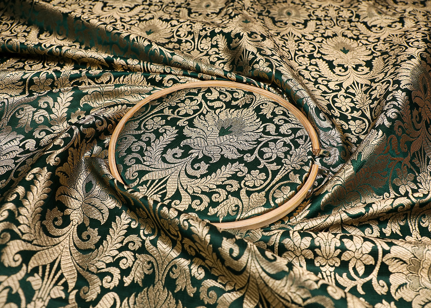 Bottle Green Banarasi Brocade Fabric With All Over Golden Zari Handloom 19494