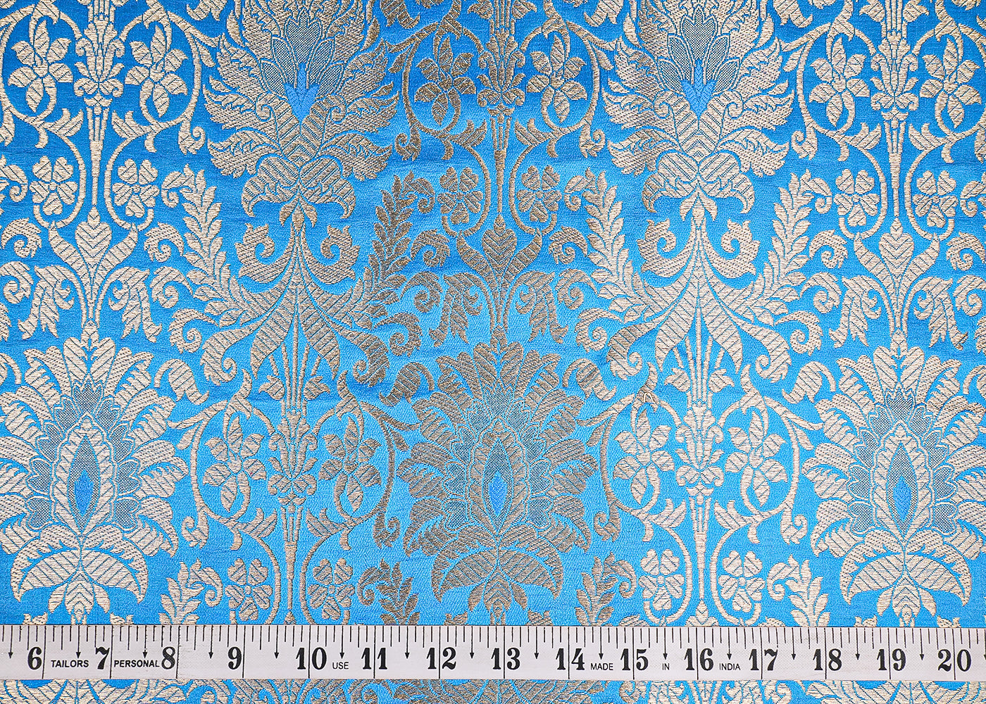 Blue Banarasi Brocade Fabric With All Over Golden Zari Handloom 19496