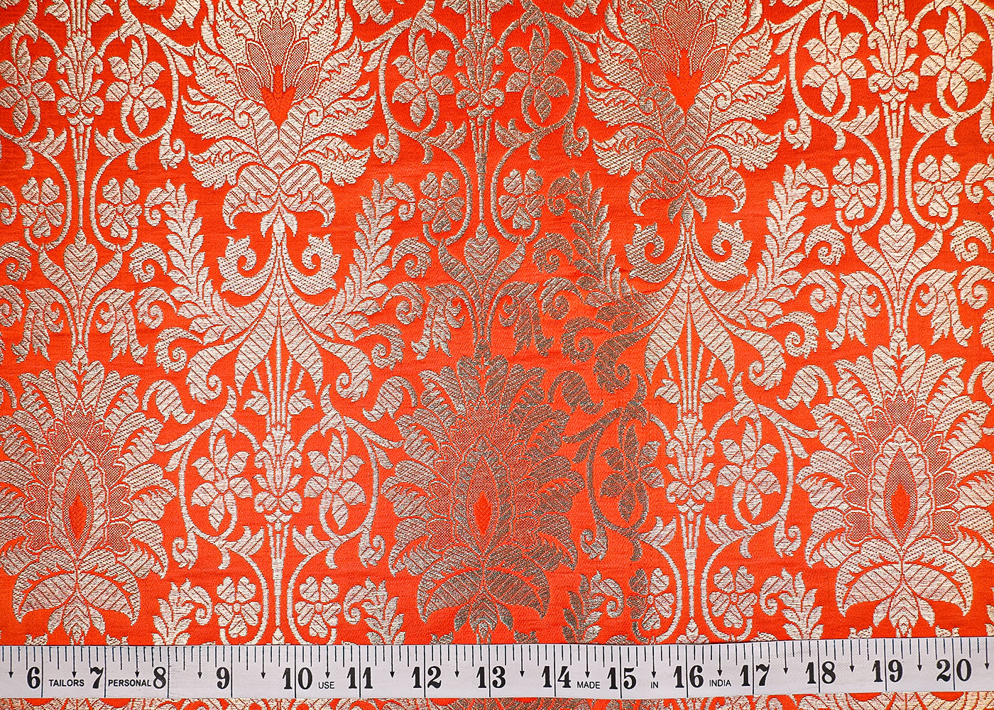 Orange Banarasi Brocade Fabric With All Over Golden Zari Handloom 19497