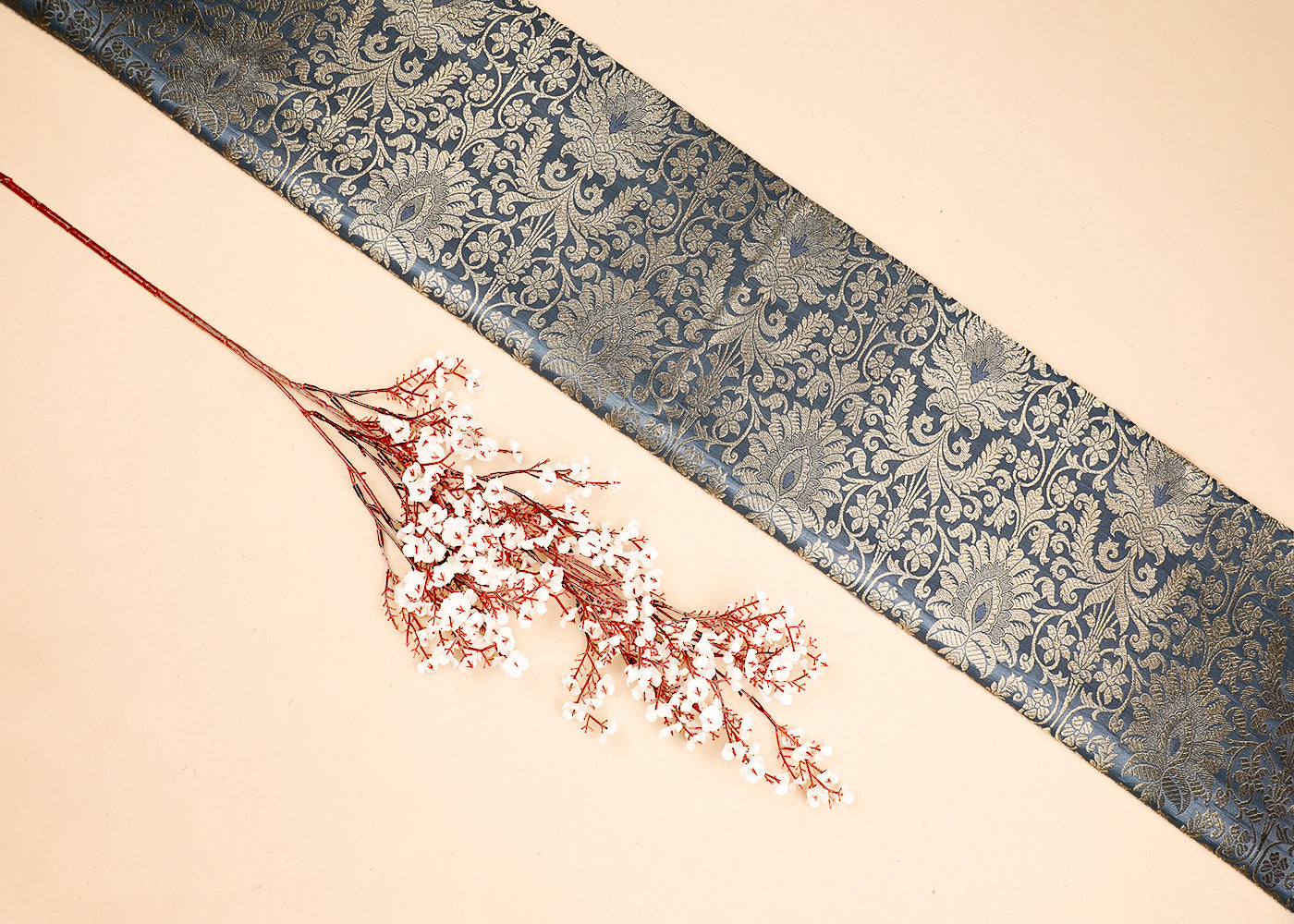 Grey Banarasi Brocade Fabric With All Over Golden Zari Handloom 19499