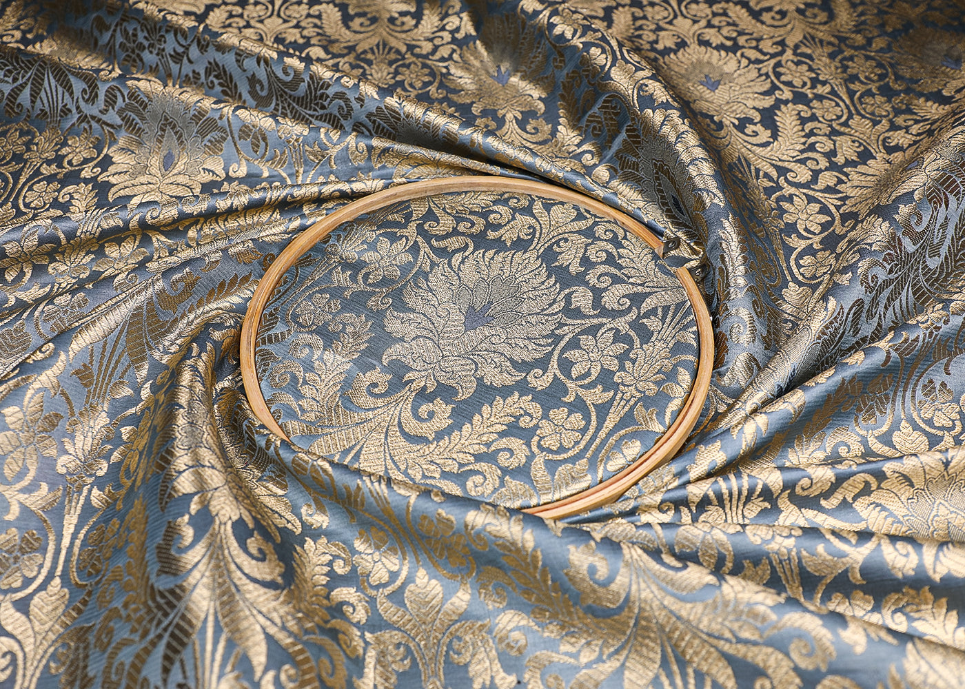 Grey Banarasi Brocade Fabric With All Over Golden Zari Handloom 19499