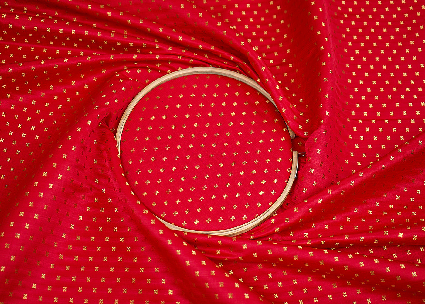 Red Banarasi Brocade Fabric With All Over Golden Zari Handloom 19501