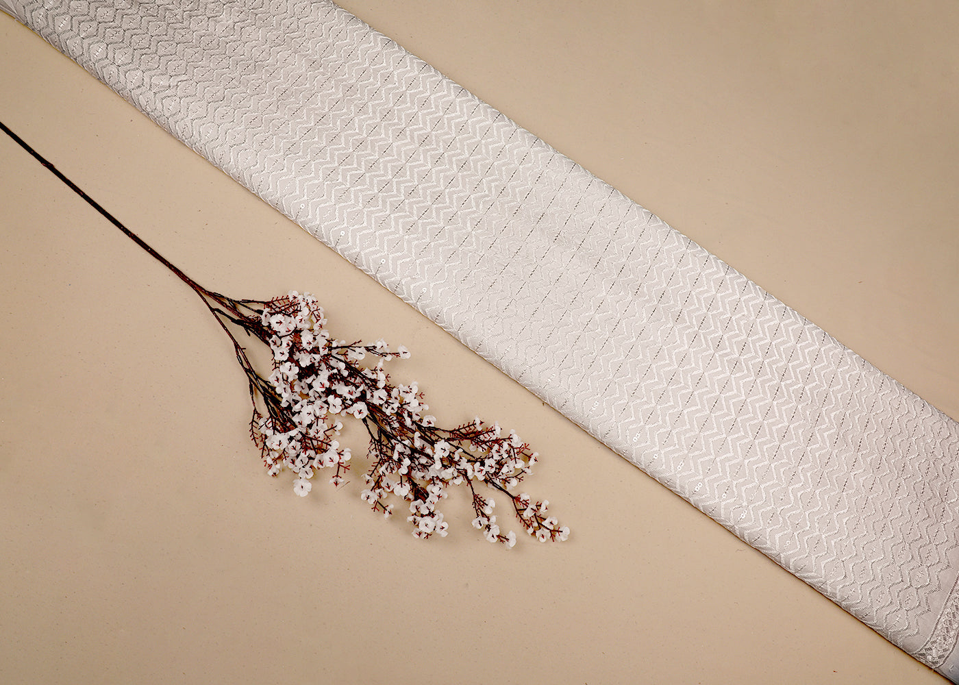 White Upada Silk Fabric With All Over Thread And Sequins Work 19520