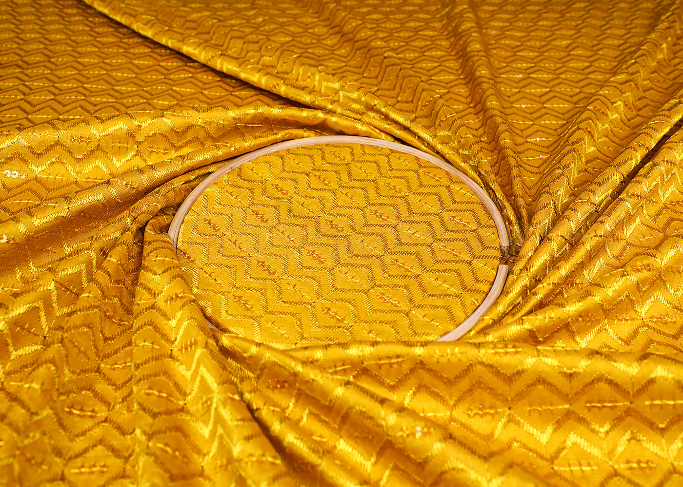Mustard Upada Silk Fabric With All Over Thread And Sequins Work 19521