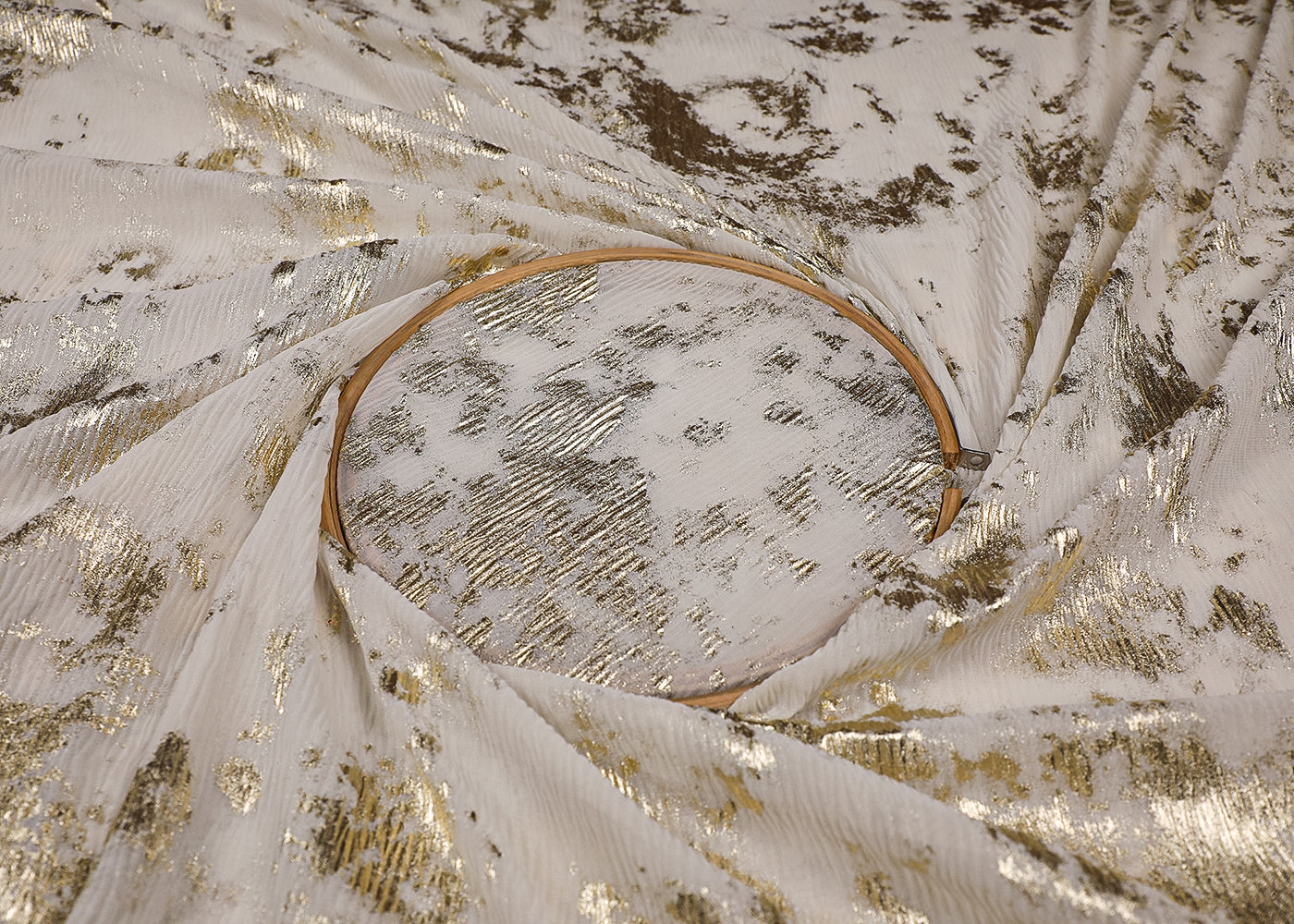 Off White Crushed Georgette Fabric With All Over Golden Foil Work 19528