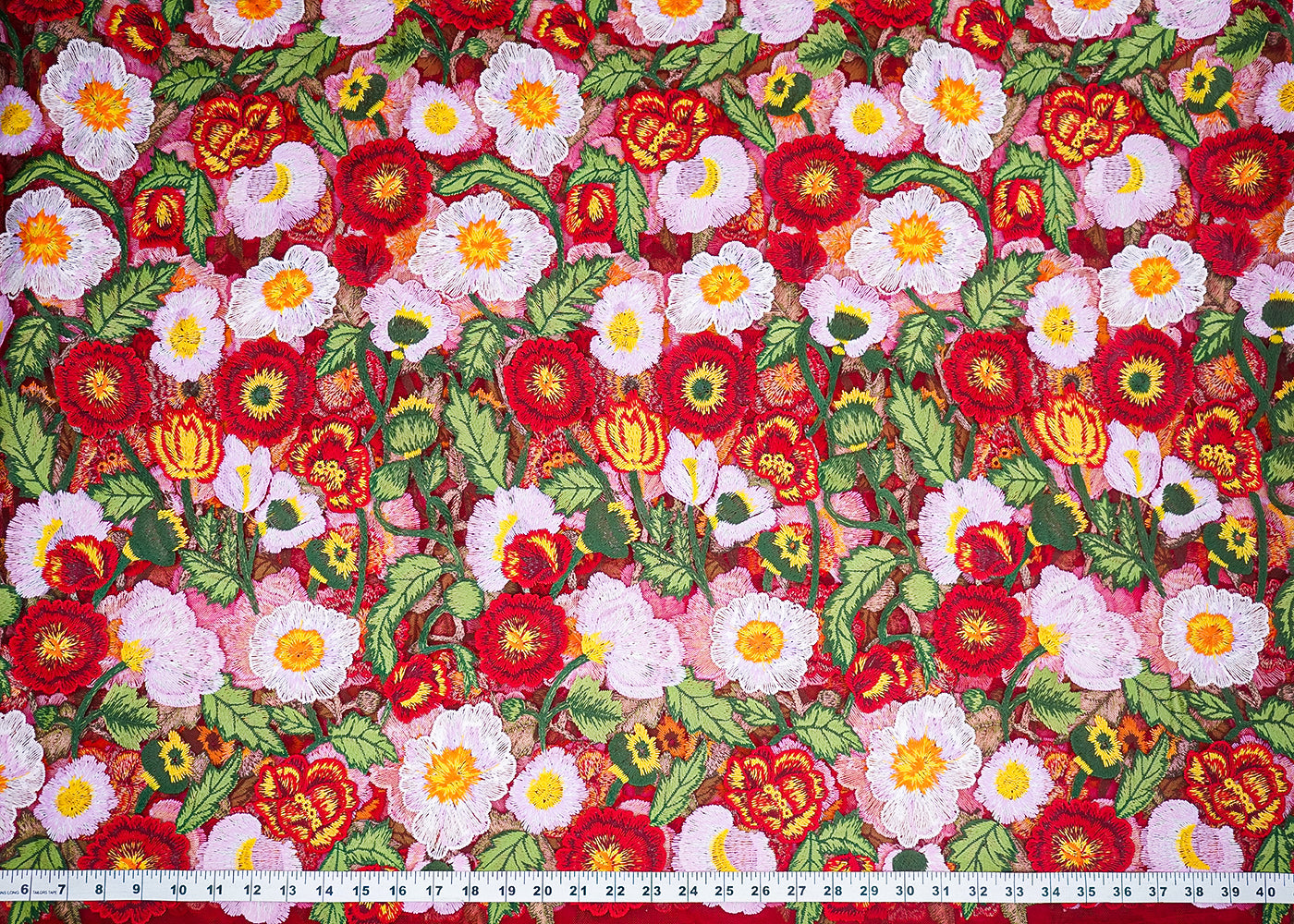 Red Imported Net Fabric With All Over Thread Work Flowers 19531