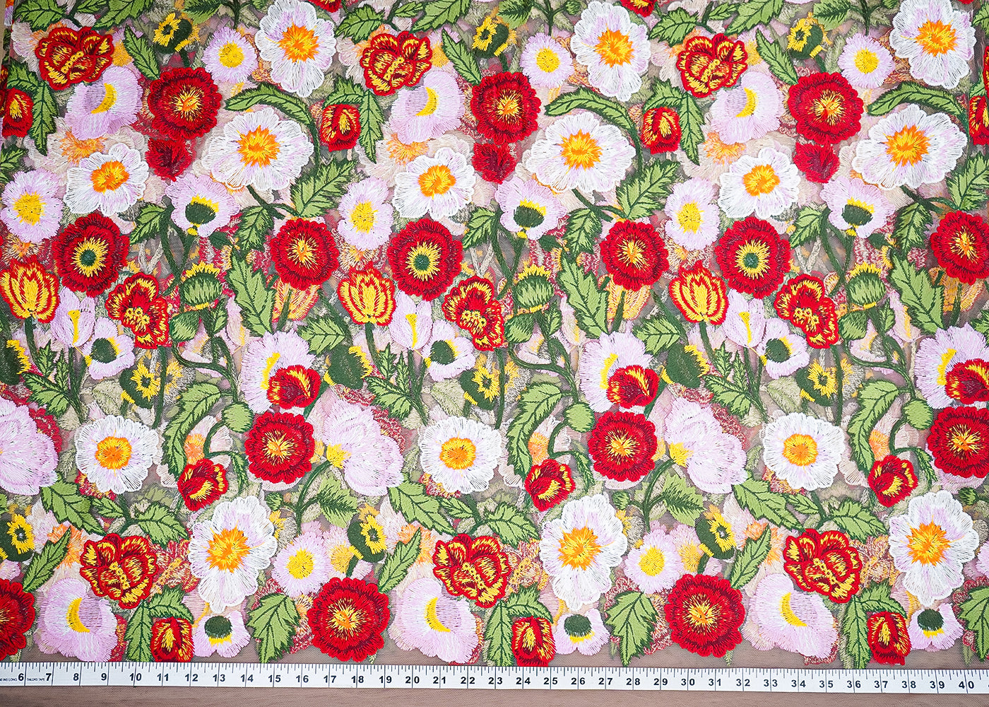 Beige Imported Net Fabric With All Over Thread Work Flowers 19533