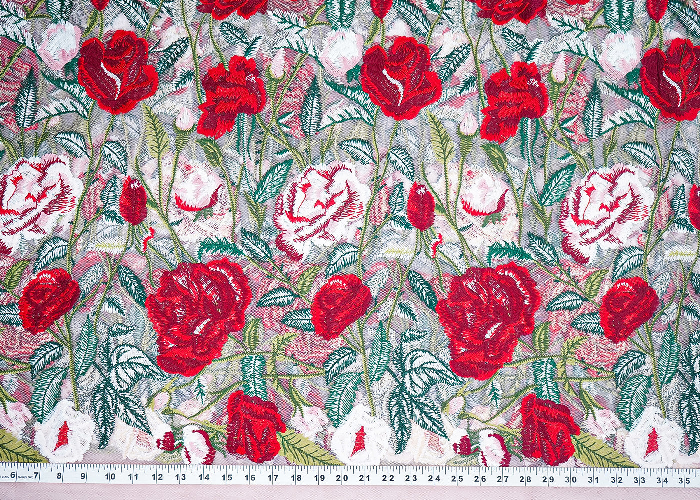 Baby Pink Imported Net Fabric With All Over Thread Work Flowers 19536