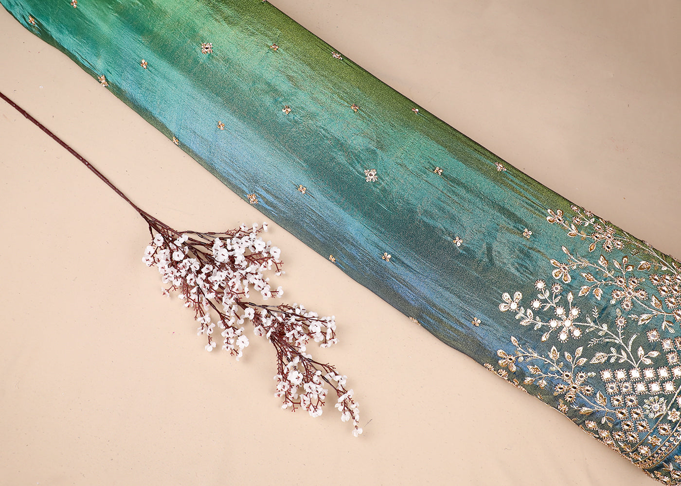 Blue And Green Tissue Ombre Fabric With All Over Faux Mirror, Bead, Sequins, Katdana Buti And One Side Heavy Border 19537
