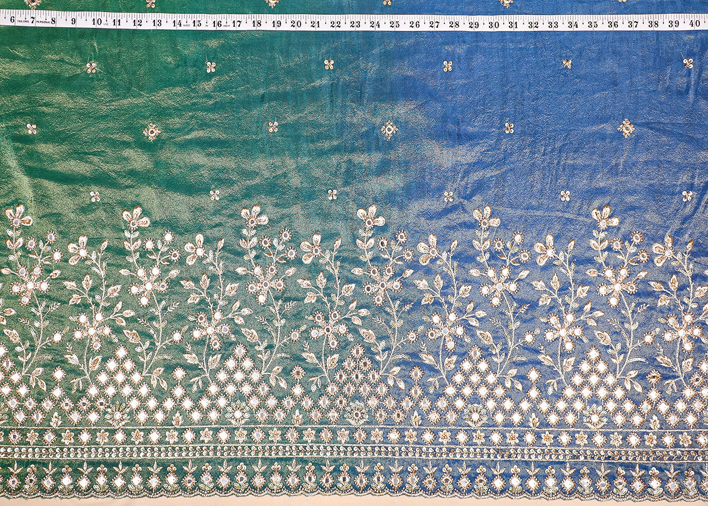 Blue And Green Tissue Ombre Fabric With All Over Faux Mirror, Bead, Sequins, Katdana Buti And One Side Heavy Border 19537